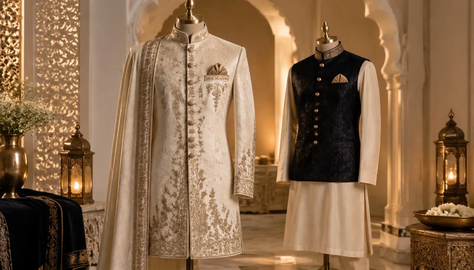 Premium Ashraf Cloth House festive wear displayed on headless mannequins