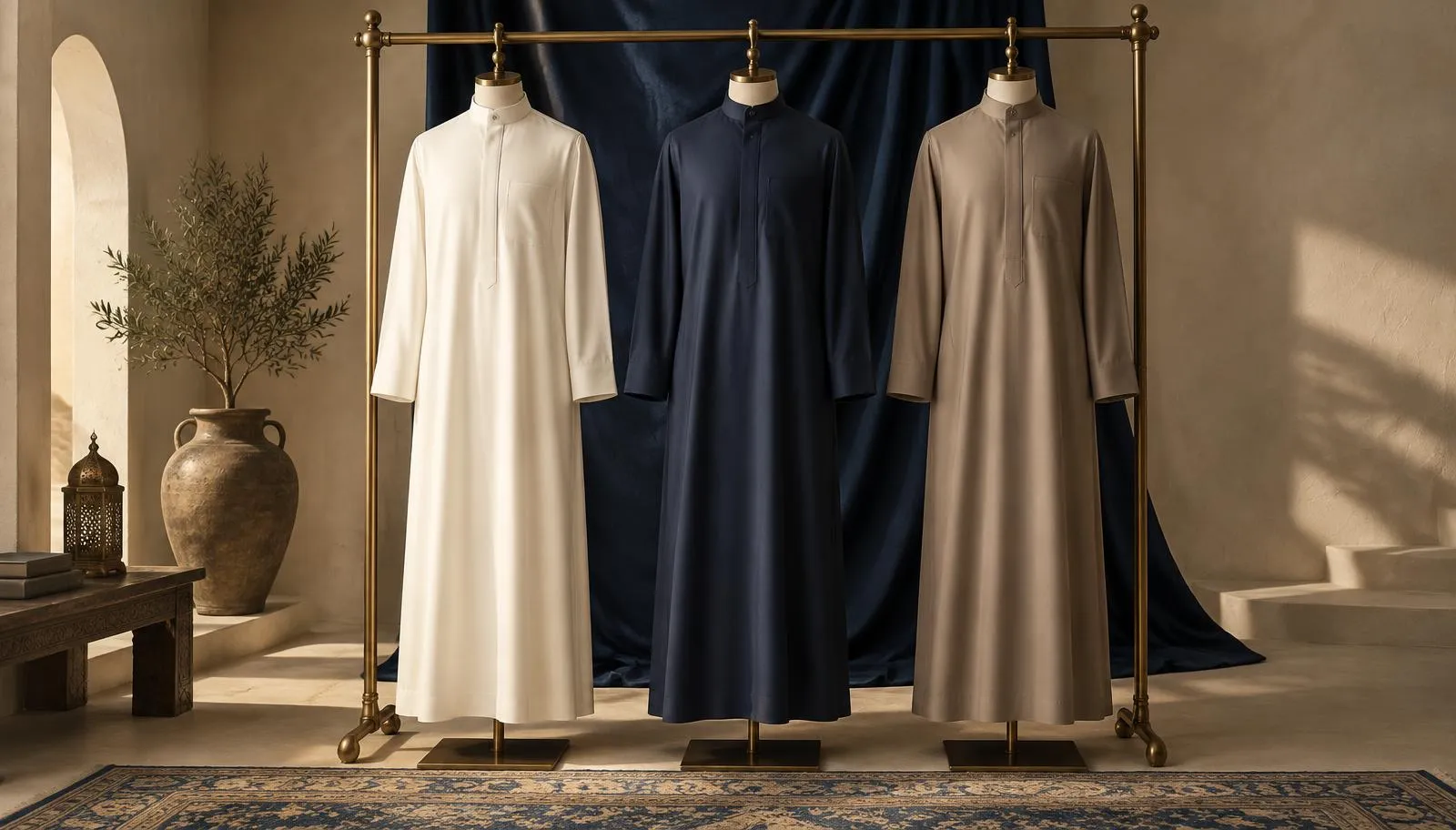 Premium Ashraf Cloth House Arabic thobes displayed on headless mannequins
